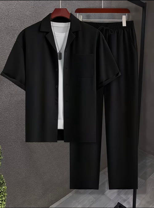 Men's 2P Set - Casual Fit - Loose Straight Pants + Short Sleeve - Suit Inspired